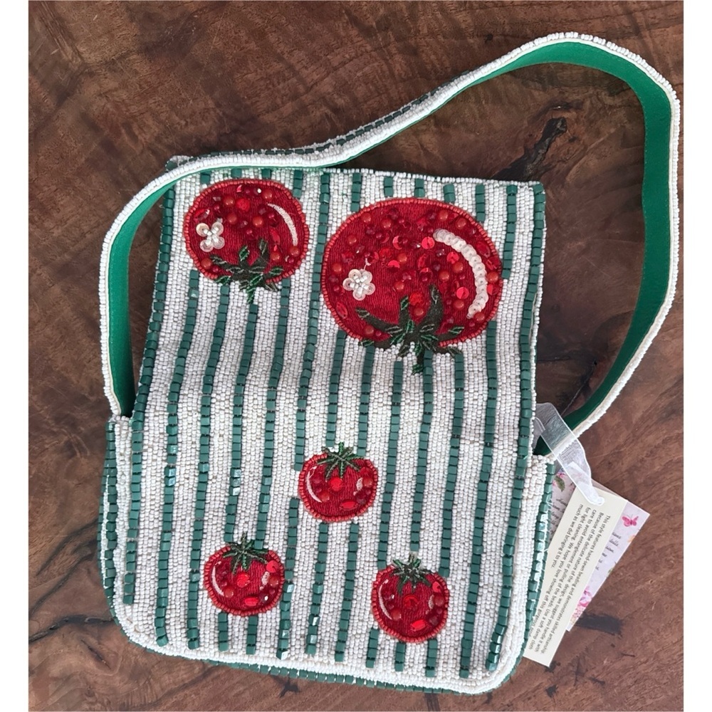 NWT Bead Appliqué Heirloom Tomato Girl Summer Green & White Striped Shoulder Bag - Picture 8 of 13